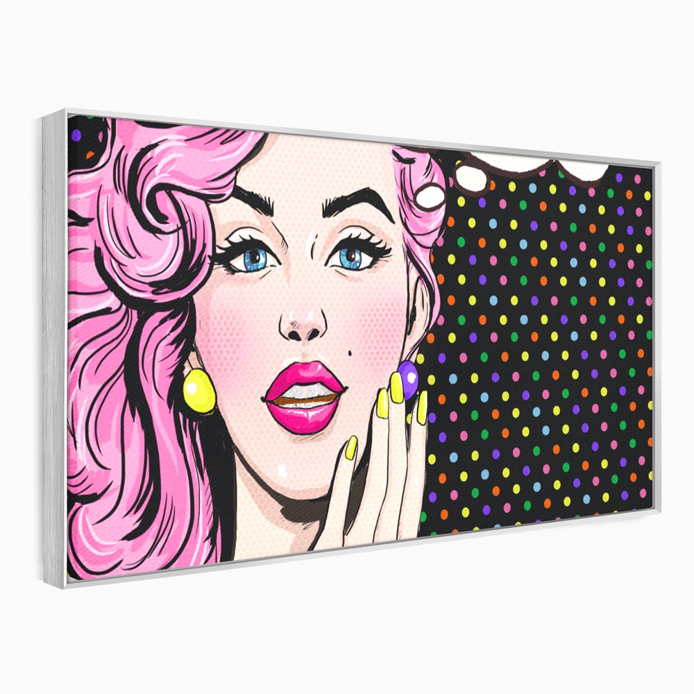 Tablou canvas cu ilustratie pop art cu femeie, in rama de aluminiu argintiu
